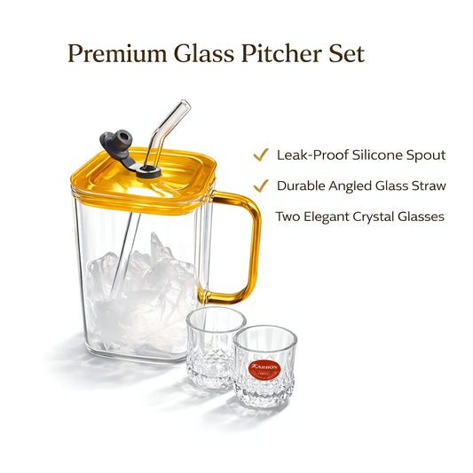 Premium Glass Pitcher Set with 2 Crystal Glasses