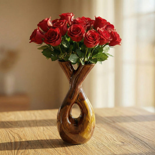 Elegant Wooden Flower Vase with Artificial Roses | Home Decor Table Showpiece (Premium Quality)